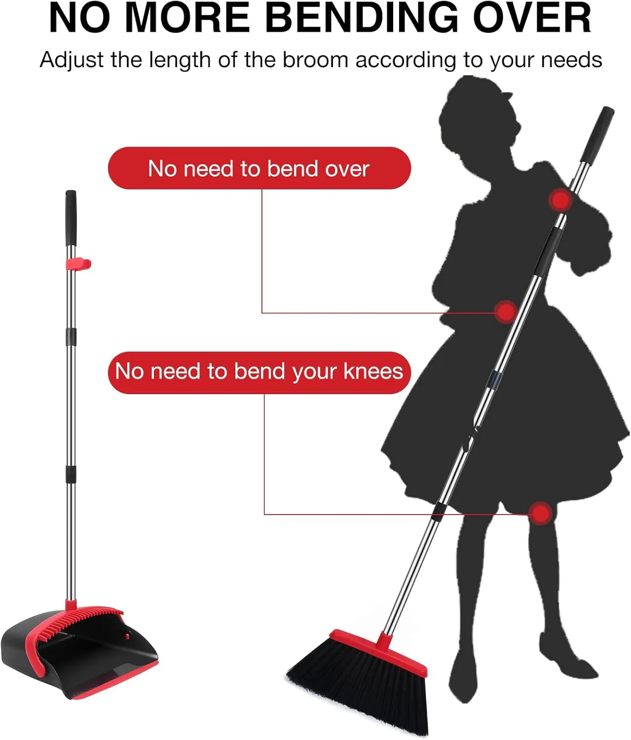 Broom and Dustpan Set, 52-in Long Adjustable Handle Broom Dustpan Combo with Dustpan Teeth to Automatically Clean Hair Suitable for Home Kitchen Office Hall Floor (Black&Red), 2 Pack