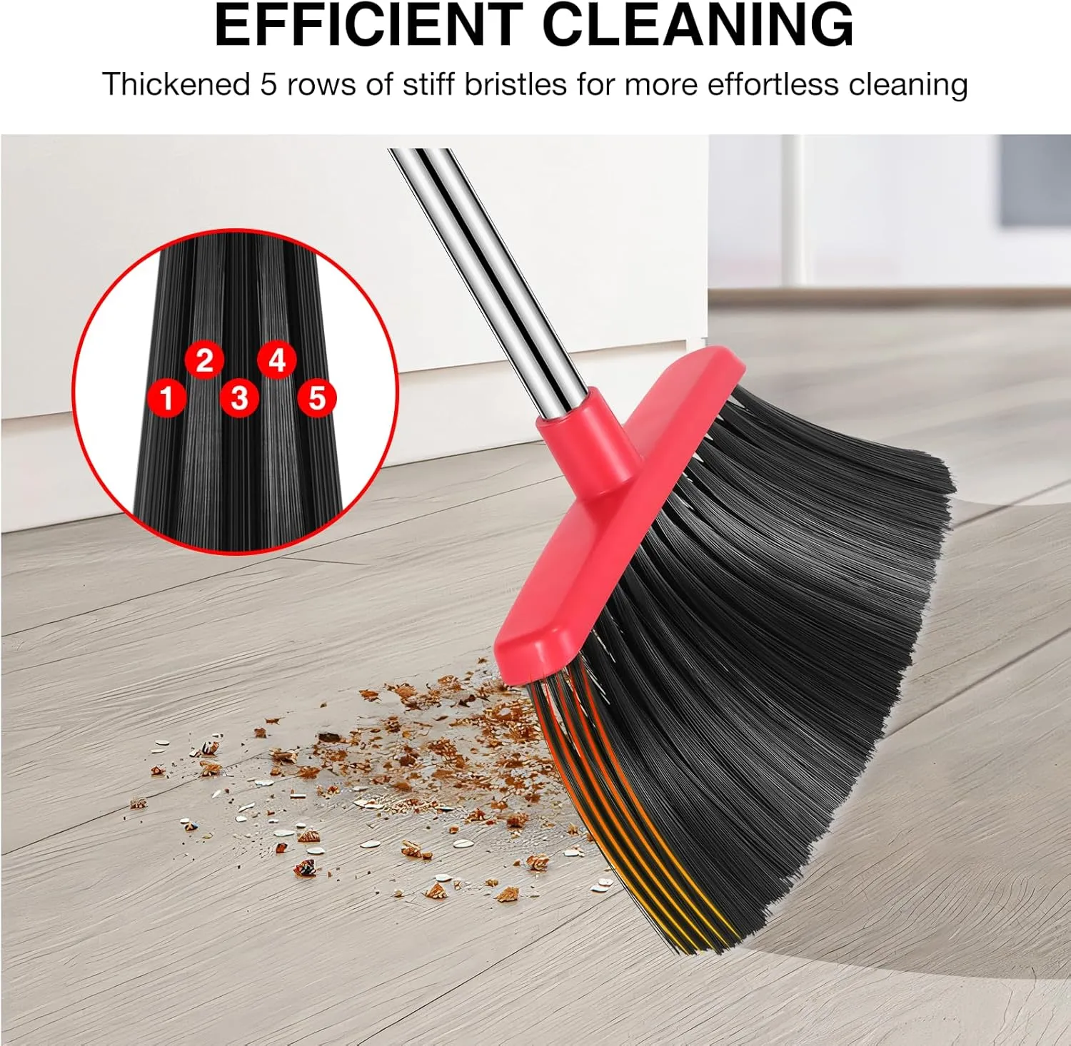 Broom and Dustpan Set, 52-in Long Adjustable Handle Broom Dustpan Combo with Dustpan Teeth to Automatically Clean Hair Suitable for Home Kitchen Office Hall Floor (Black&Red), 2 Pack