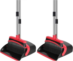 Broom and Dustpan Set, 52-in Long Adjustable Handle Broom Dustpan Combo with Dustpan Teeth to Automatically Clean Hair Suitable for Home Kitchen Office Hall Floor (Black&Red), 2 Pack