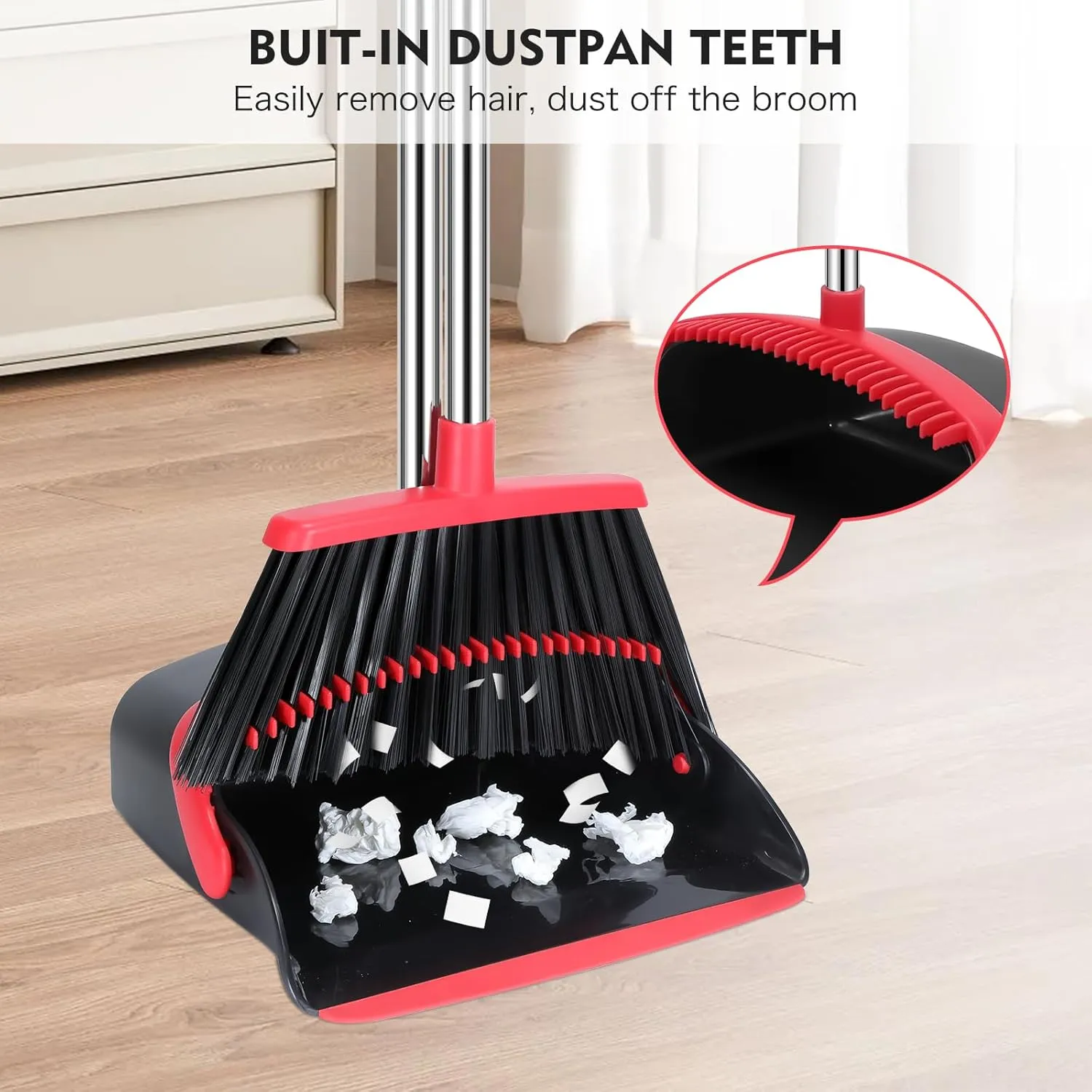 Broom and Dustpan Set, 55-in Long Adjustable Handle Broom Dustpan Combo with Dustpan Teeth to Automatically Clean Hair Suitable for Home Kitchen Office Hall Floor, Large(Black&Red)