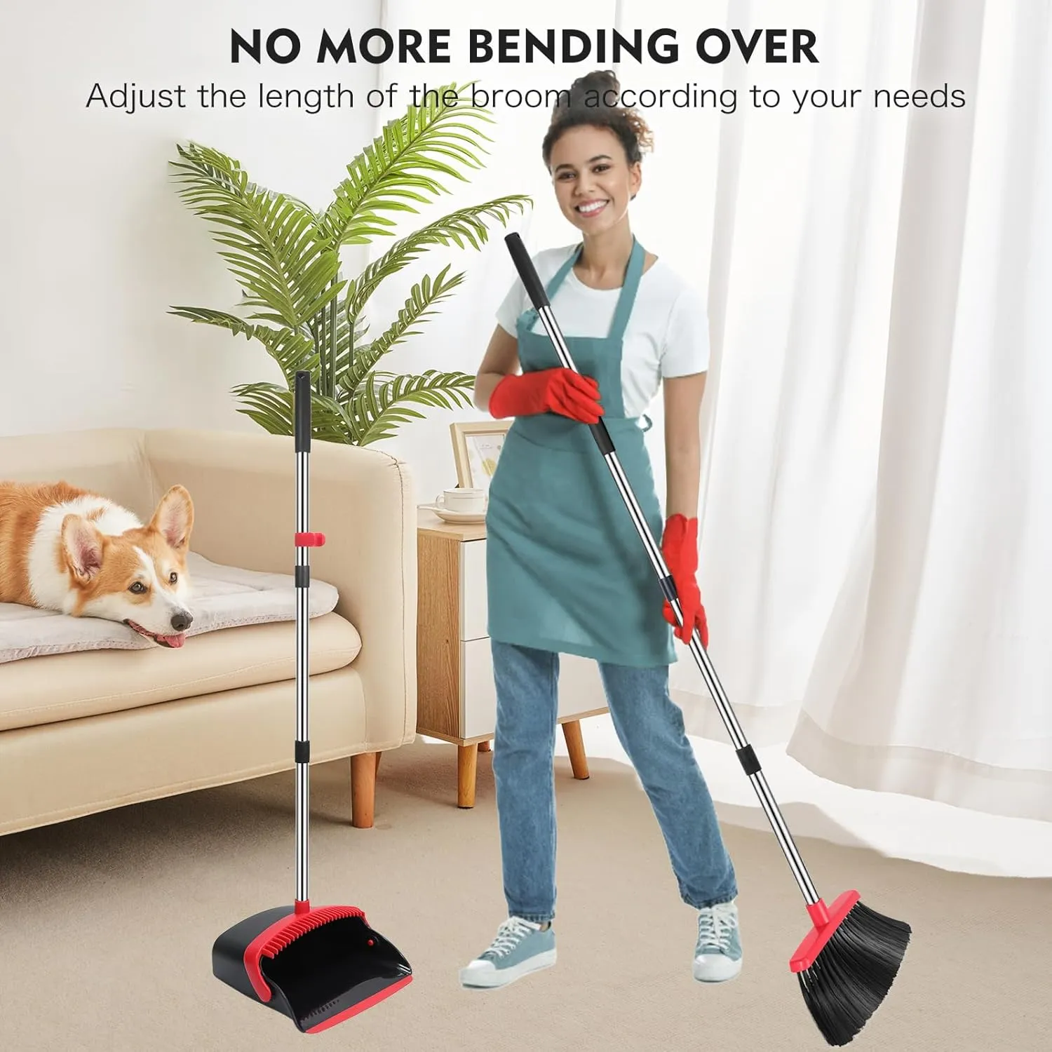 Broom and Dustpan Set, 55-in Long Adjustable Handle Broom Dustpan Combo with Dustpan Teeth to Automatically Clean Hair Suitable for Home Kitchen Office Hall Floor, Large(Black&Red)