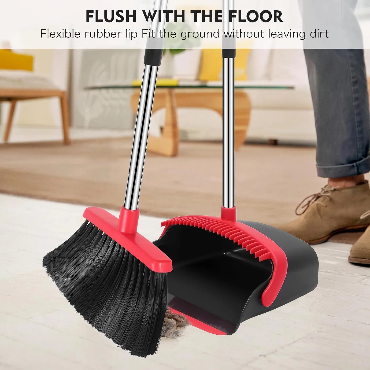 Broom and Dustpan Set, 55-in Long Adjustable Handle Broom Dustpan Combo with Dustpan Teeth to Automatically Clean Hair Suitable for Home Kitchen Office Hall Floor, Large(Black&Red)
