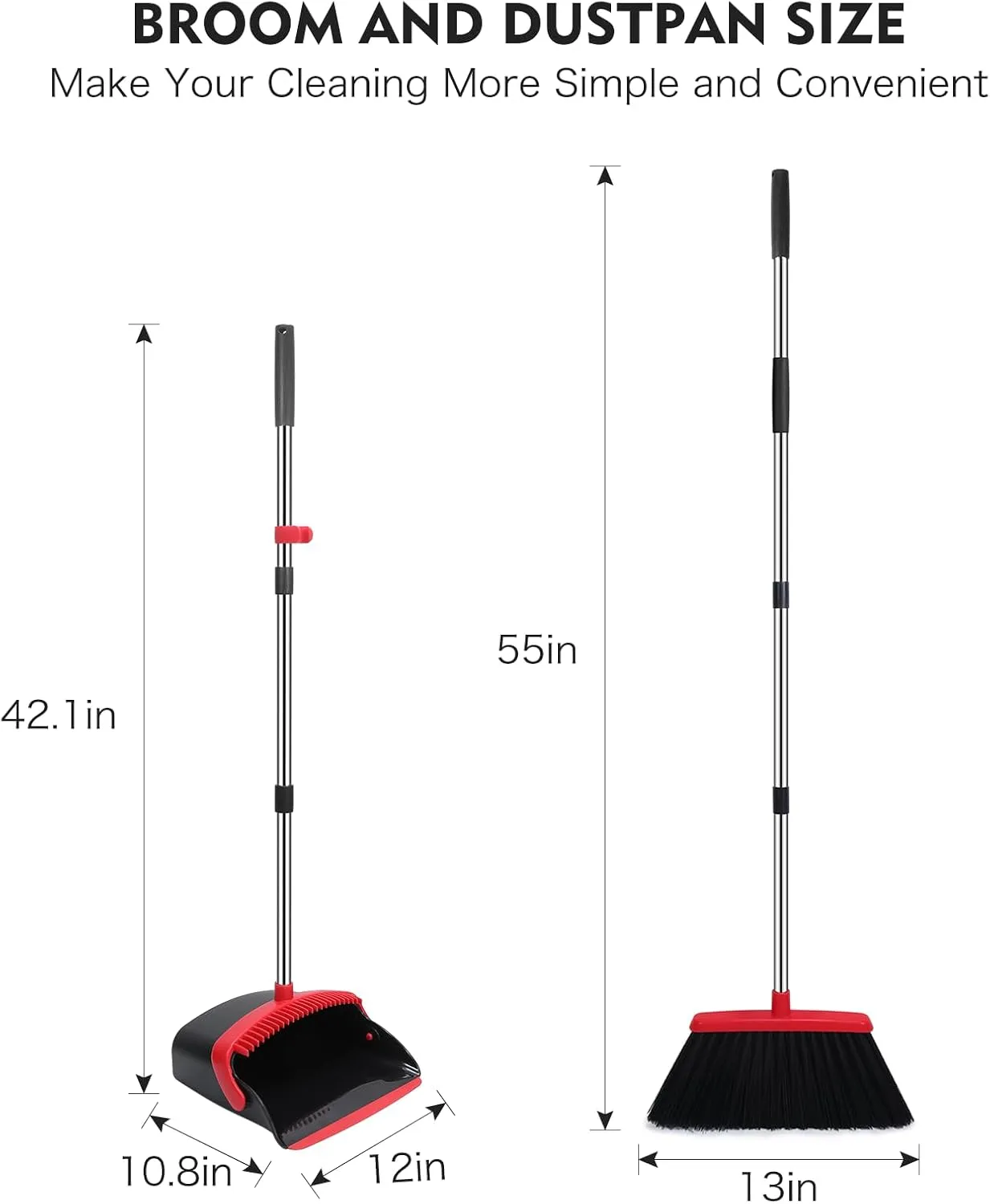 Broom and Dustpan Set, 55-in Long Adjustable Handle Broom Dustpan Combo with Dustpan Teeth to Automatically Clean Hair Suitable for Home Kitchen Office Hall Floor, Large(Black&Red)