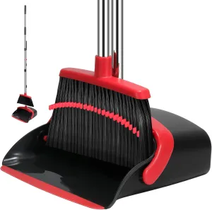 Broom and Dustpan Set, 55-in Long Adjustable Handle Broom Dustpan Combo with Dustpan Teeth to Automatically Clean Hair Suitable for Home Kitchen Office Hall Floor, Large(Black&Red)