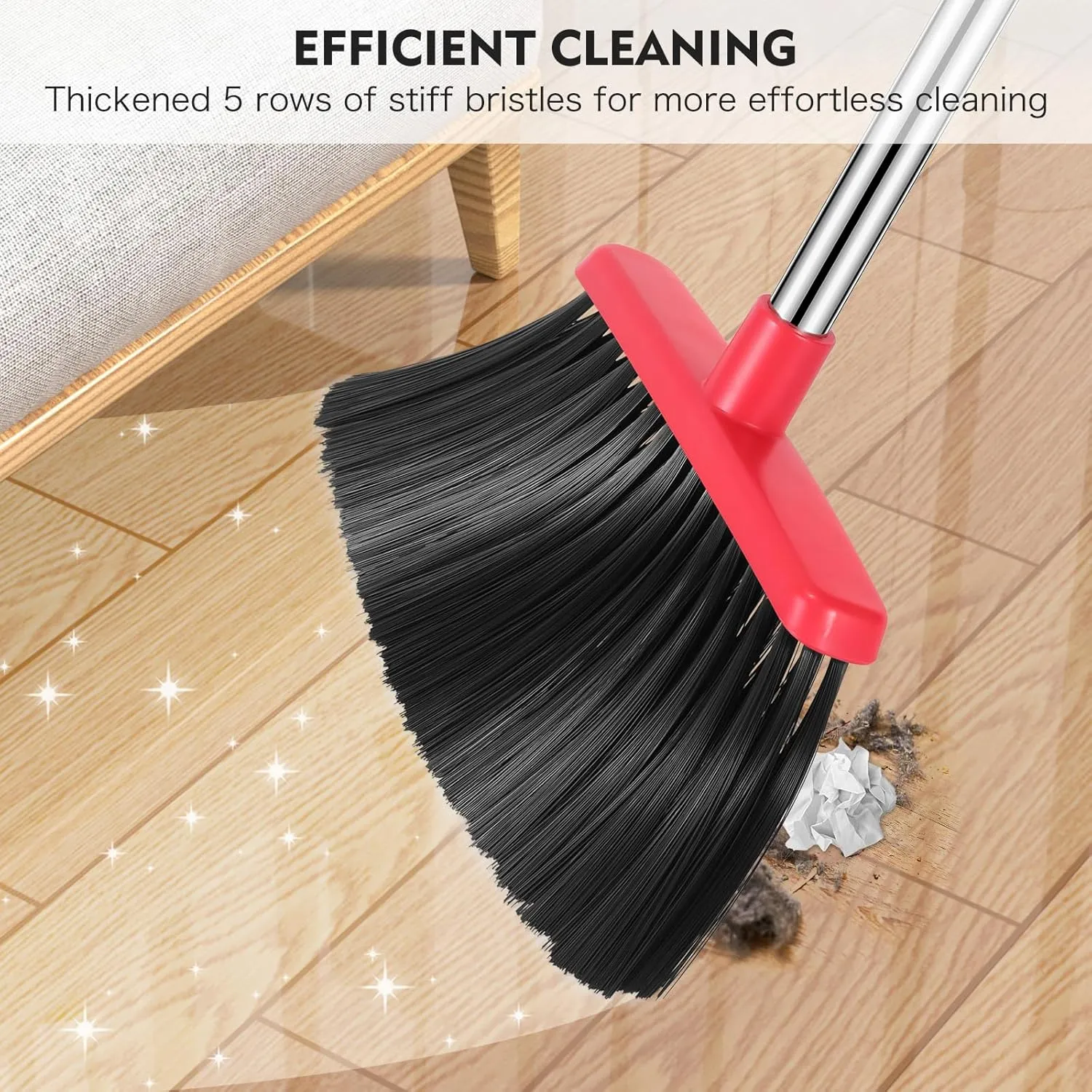 Broom and Dustpan Set, 55-in Long Adjustable Handle Broom Dustpan Combo with Dustpan Teeth to Automatically Clean Hair Suitable for Home Kitchen Office Hall Floor, Large(Black&Red)