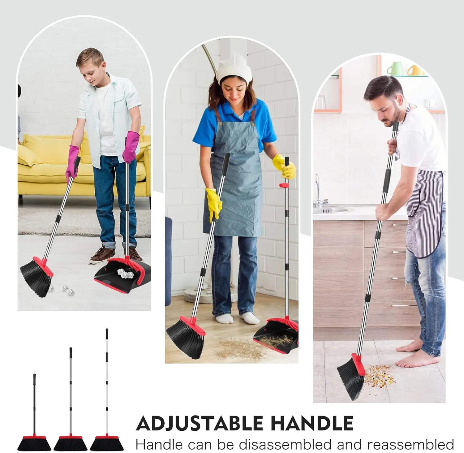 Broom and Dustpan Set, 55-in Long Adjustable Handle Broom Dustpan Combo with Dustpan Teeth to Automatically Clean Hair Suitable for Home Kitchen Office Hall Floor, Large(Black&Red)