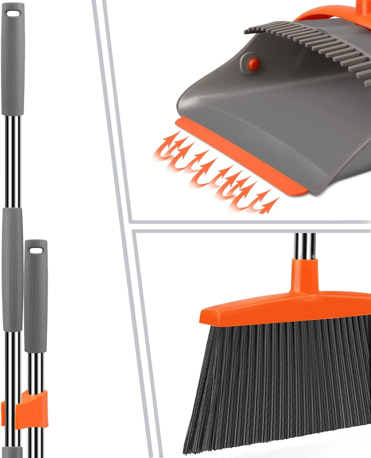 Broom and Dustpan Set for Home, Broom and Dustpan Combo for Office, Long Handle Broom with Upright Standing Dust pan,Indoor&Outdoor Sweeping (Gray&Orange)