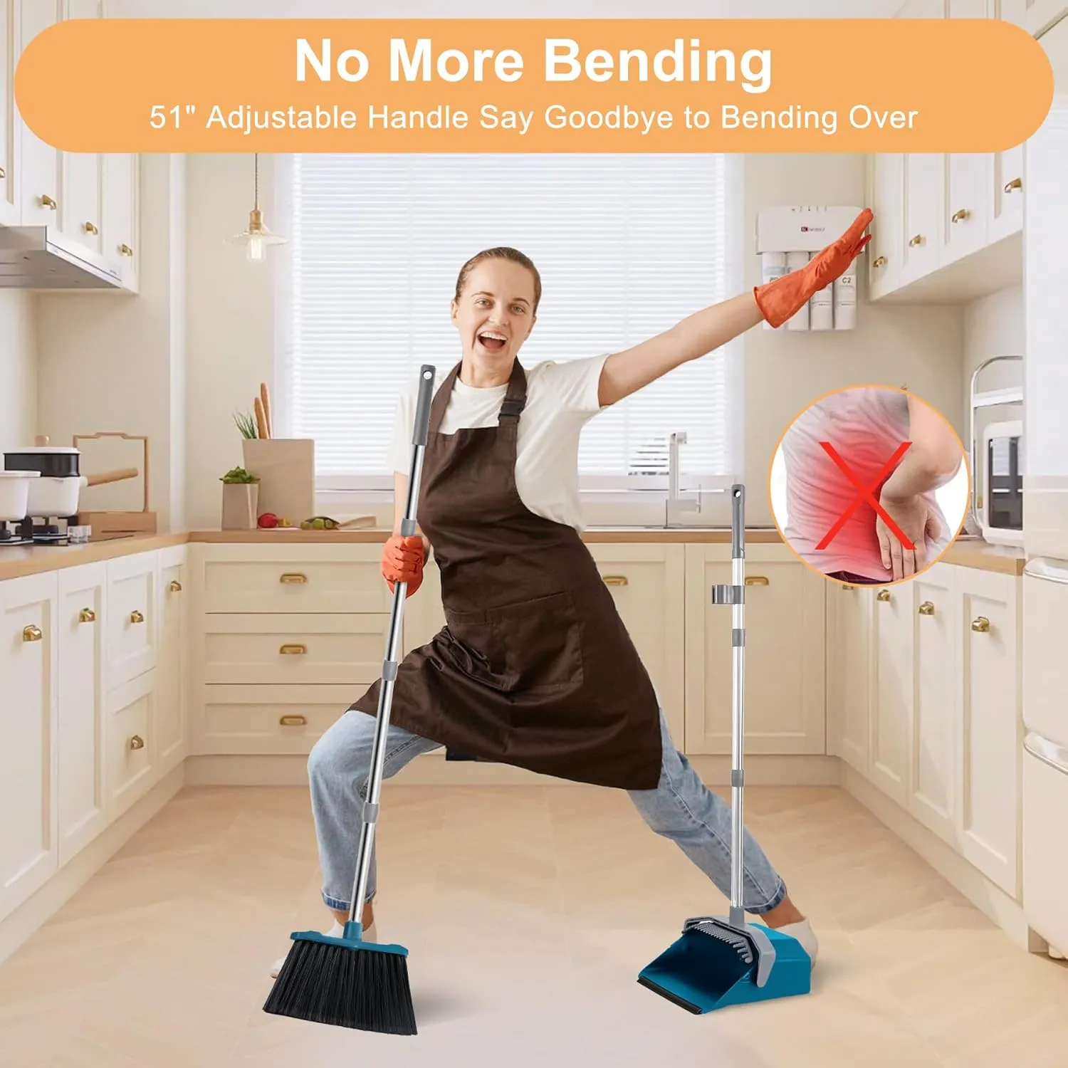 Broom with Dustpan Combo Set, Large Size Dust Pan Set with 51'' Long Handle, Stand Up Broom and Dustpan Suitable for Home Kitchen Lobby Office Pet Hair - Dark Blue
