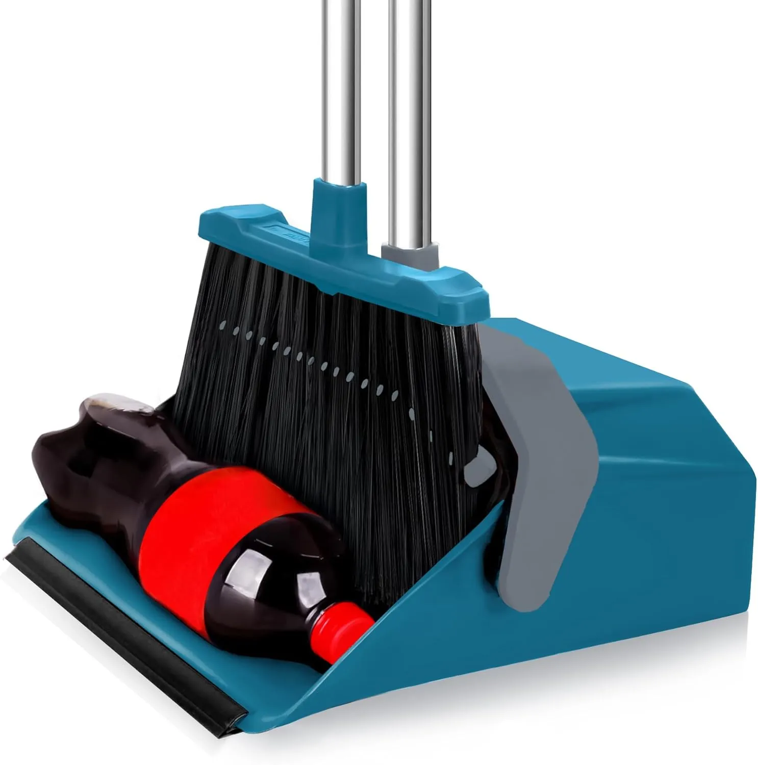 Broom with Dustpan Combo Set, Large Size Dust Pan Set with 51'' Long Handle, Stand Up Broom and Dustpan Suitable for Home Kitchen Lobby Office Pet Hair - Dark Blue