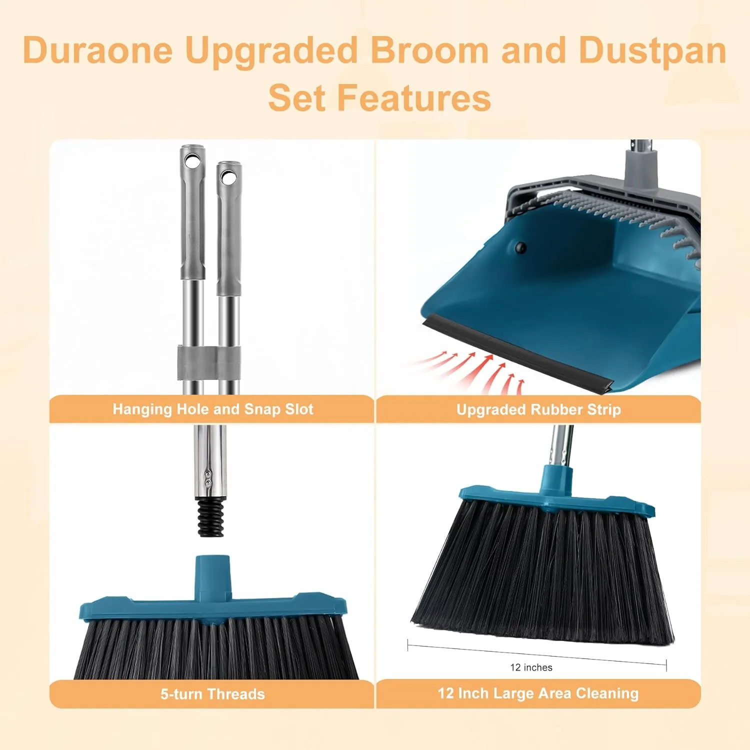 Broom with Dustpan Combo Set, Large Size Dust Pan Set with 51'' Long Handle, Stand Up Broom and Dustpan Suitable for Home Kitchen Lobby Office Pet Hair - Dark Blue