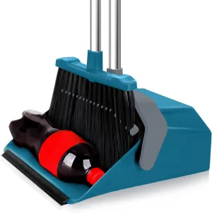 Broom with Dustpan Combo Set, Large Size Dust Pan Set with 51'' Long Handle, Stand Up Broom and Dustpan Suitable for Home Kitchen Lobby Office Pet Hair - Dark Blue