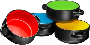 Bruntmor Soup Crocks with Handles, Porcelain Ceramic Bowls, for Rice, Dessert, Pasta, Dishwasher, Microwave, Oven & Broil Safe, Set of 4, Easy to Clean, 19 oz (Black)