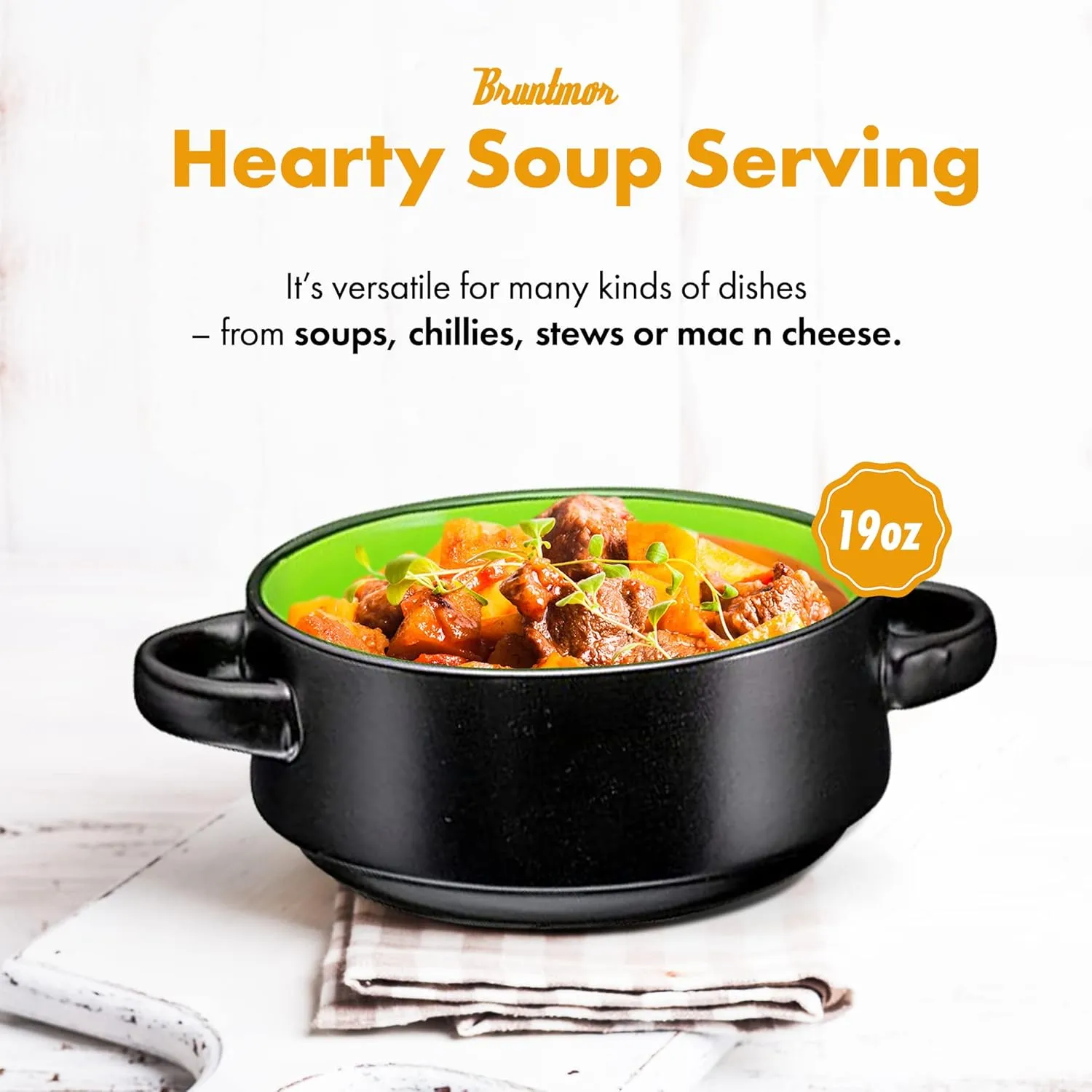 Bruntmor Soup Crocks with Handles, Porcelain Ceramic Bowls, for Rice, Dessert, Pasta, Dishwasher, Microwave, Oven & Broil Safe, Set of 4, Easy to Clean, 19 oz (Black)