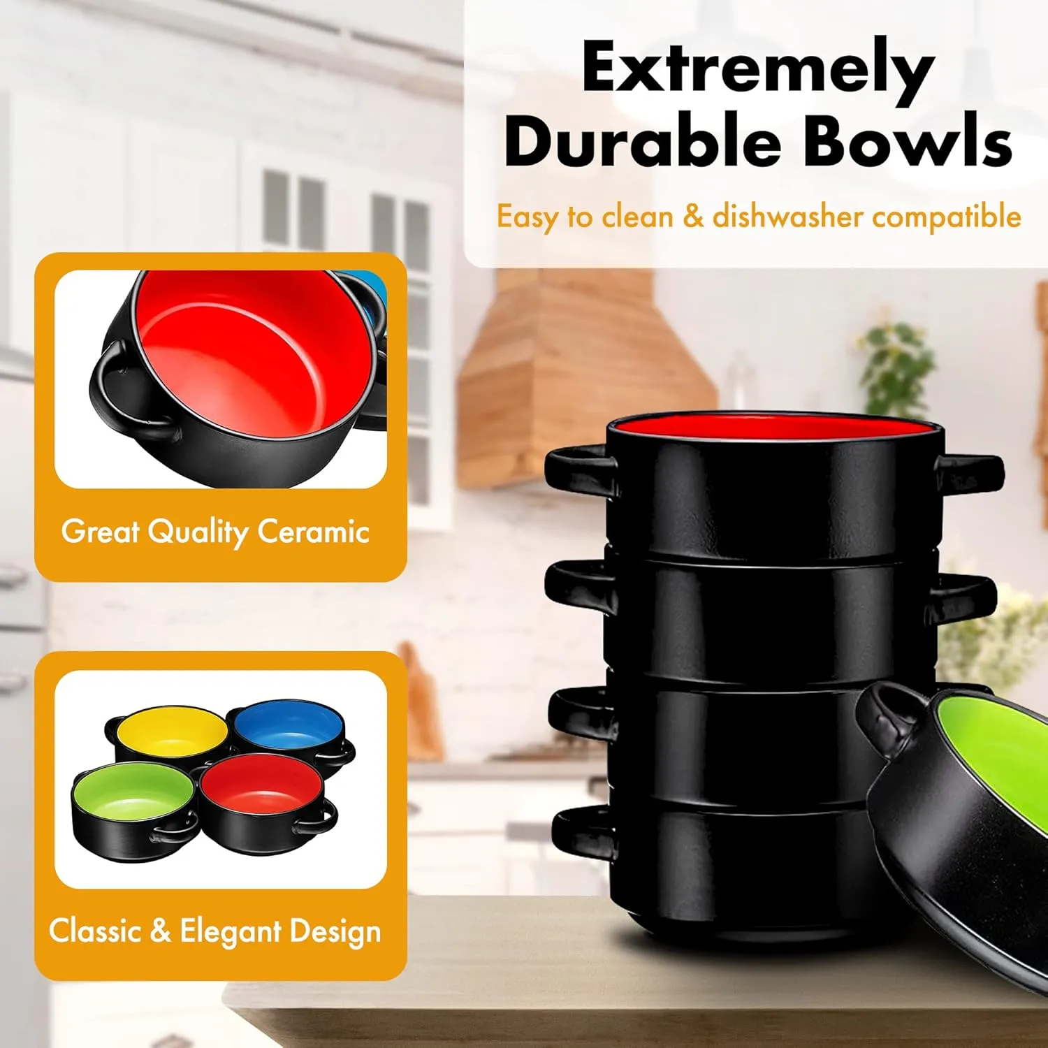 Bruntmor Soup Crocks with Handles, Porcelain Ceramic Bowls, for Rice, Dessert, Pasta, Dishwasher, Microwave, Oven & Broil Safe, Set of 4, Easy to Clean, 19 oz (Black)