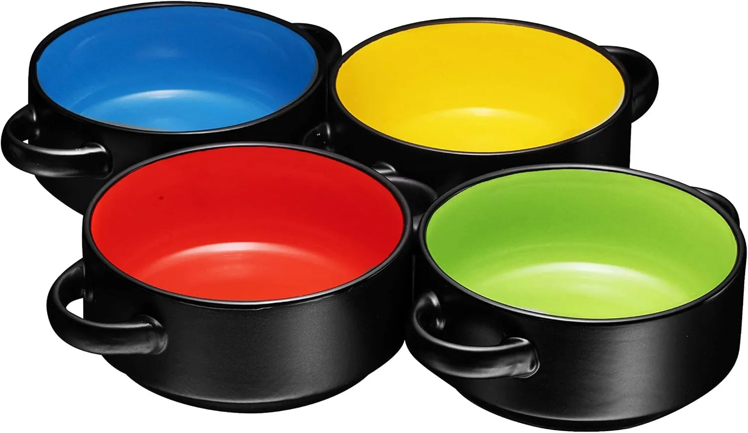 Bruntmor Soup Crocks with Handles, Porcelain Ceramic Bowls, for Rice, Dessert, Pasta, Dishwasher, Microwave, Oven & Broil Safe, Set of 4, Easy to Clean, 19 oz (Black)
