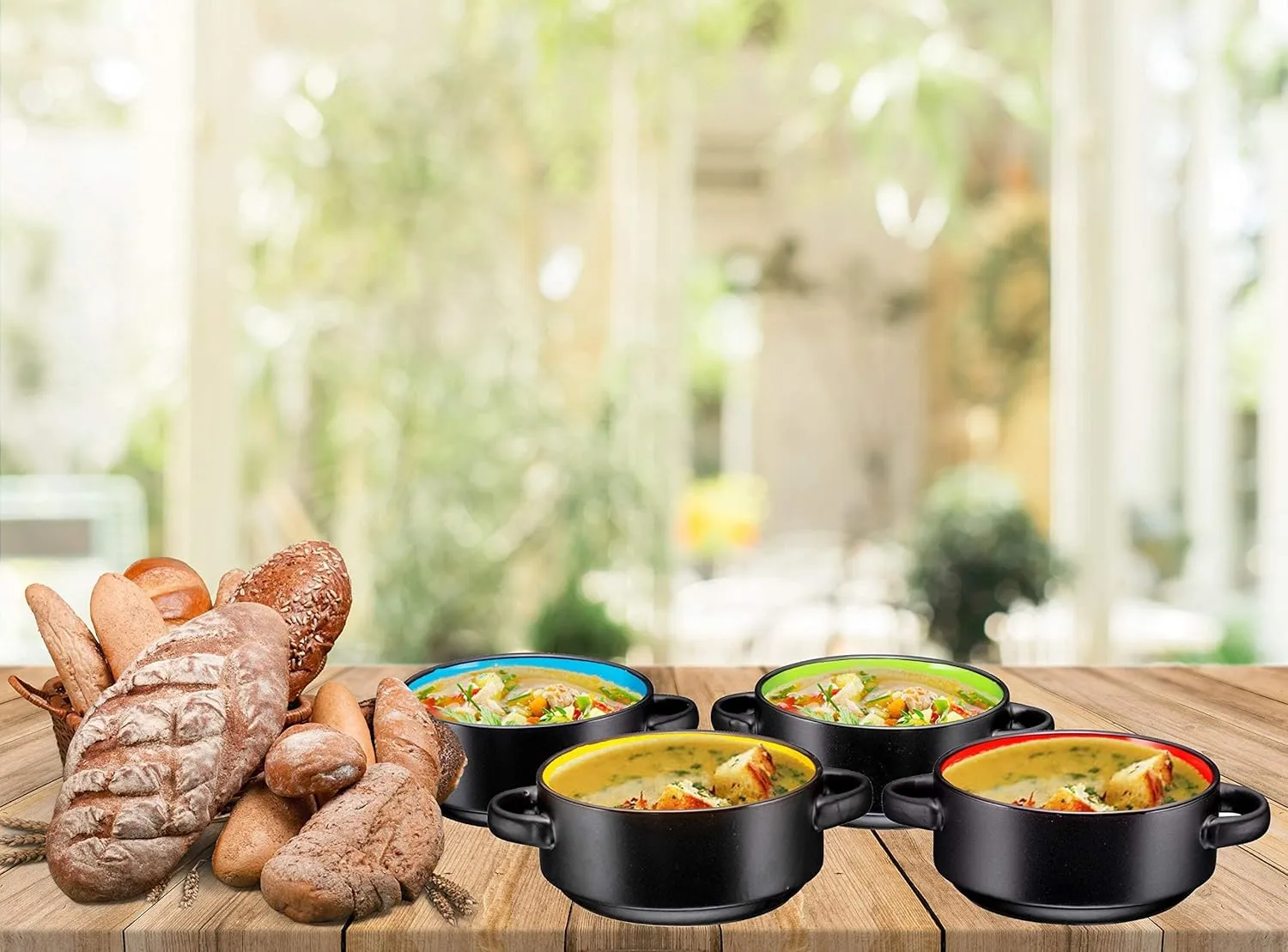 Bruntmor Soup Crocks with Handles, Porcelain Ceramic Bowls, for Rice, Dessert, Pasta, Dishwasher, Microwave, Oven & Broil Safe, Set of 4, Easy to Clean, 19 oz (Black)
