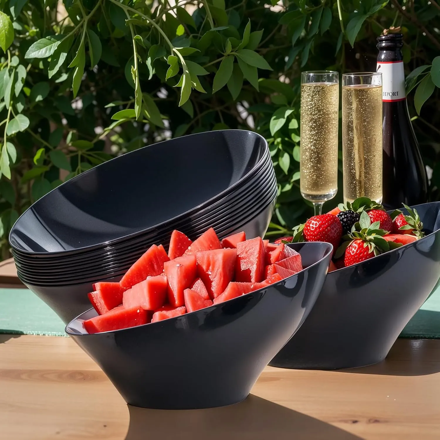 bUCLA 12 Pack Black Plastic Serving Bowls - 54 OZ Angled Bowls Disposable for Chip&Candy - Party Table Salad and Fruit for Party & Wedding