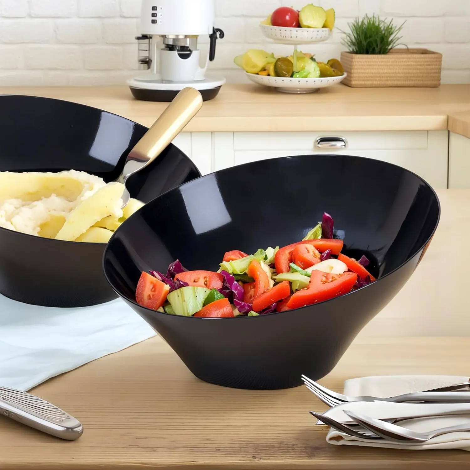 bUCLA 12 Pack Black Plastic Serving Bowls - 54 OZ Angled Bowls Disposable for Chip&Candy - Party Table Salad and Fruit for Party & Wedding