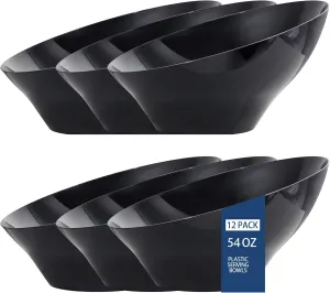 bUCLA 12 Pack Black Plastic Serving Bowls - 54 OZ Angled Bowls Disposable for Chip&Candy - Party Table Salad and Fruit for Party & Wedding