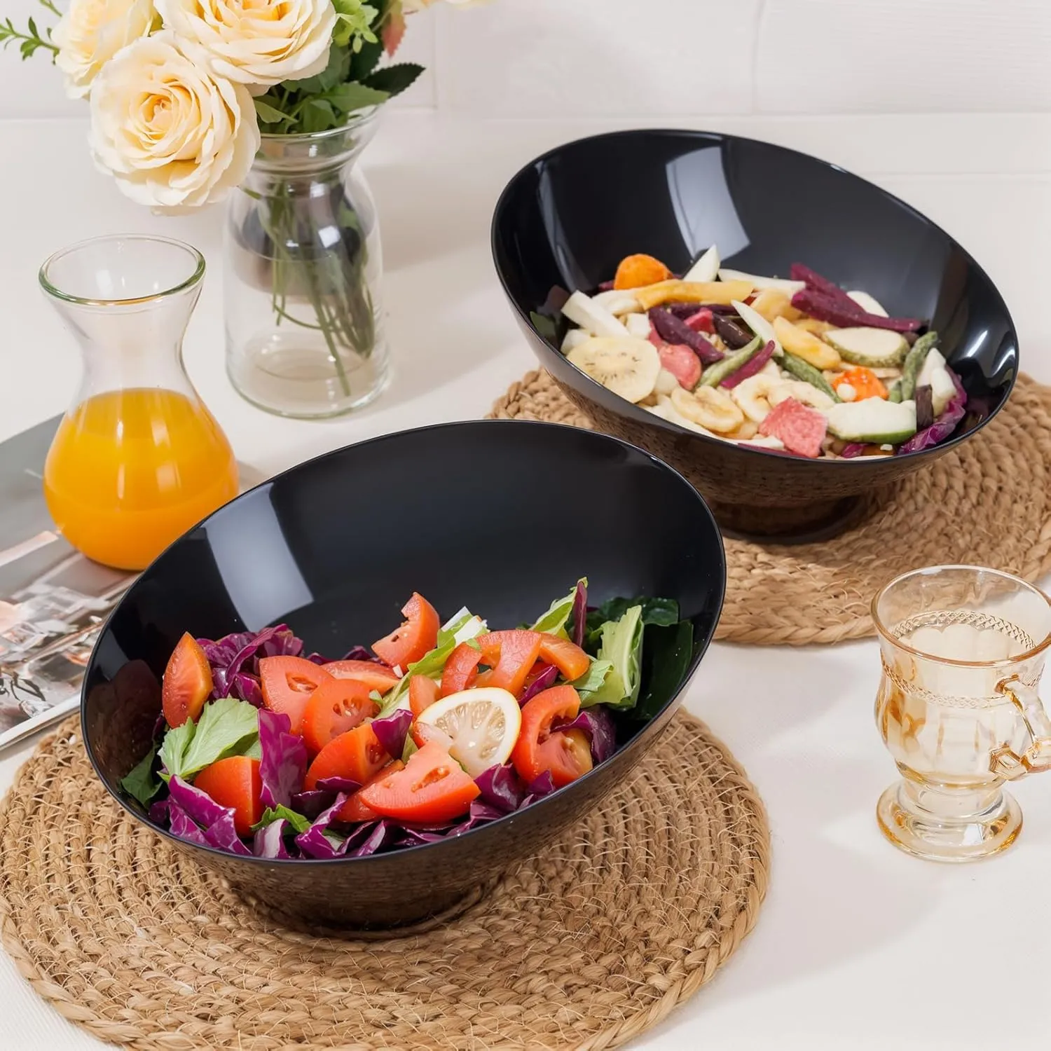 bUCLA 12 Pack Black Plastic Serving Bowls - 54 OZ Angled Bowls Disposable for Chip&Candy - Party Table Salad and Fruit for Party & Wedding