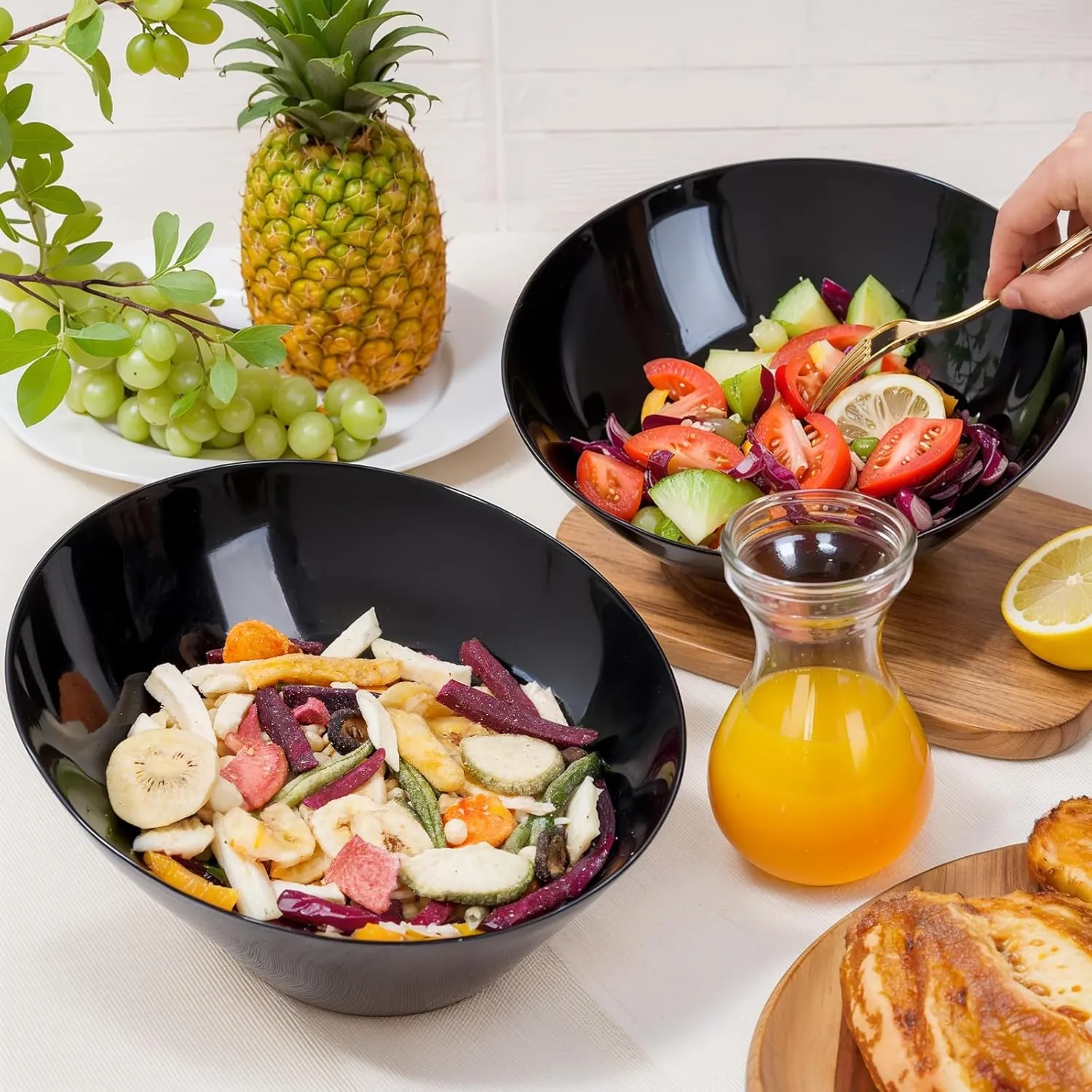 bUCLA 12 Pack Black Plastic Serving Bowls - 54 OZ Angled Bowls Disposable for Chip&Candy - Party Table Salad and Fruit for Party & Wedding