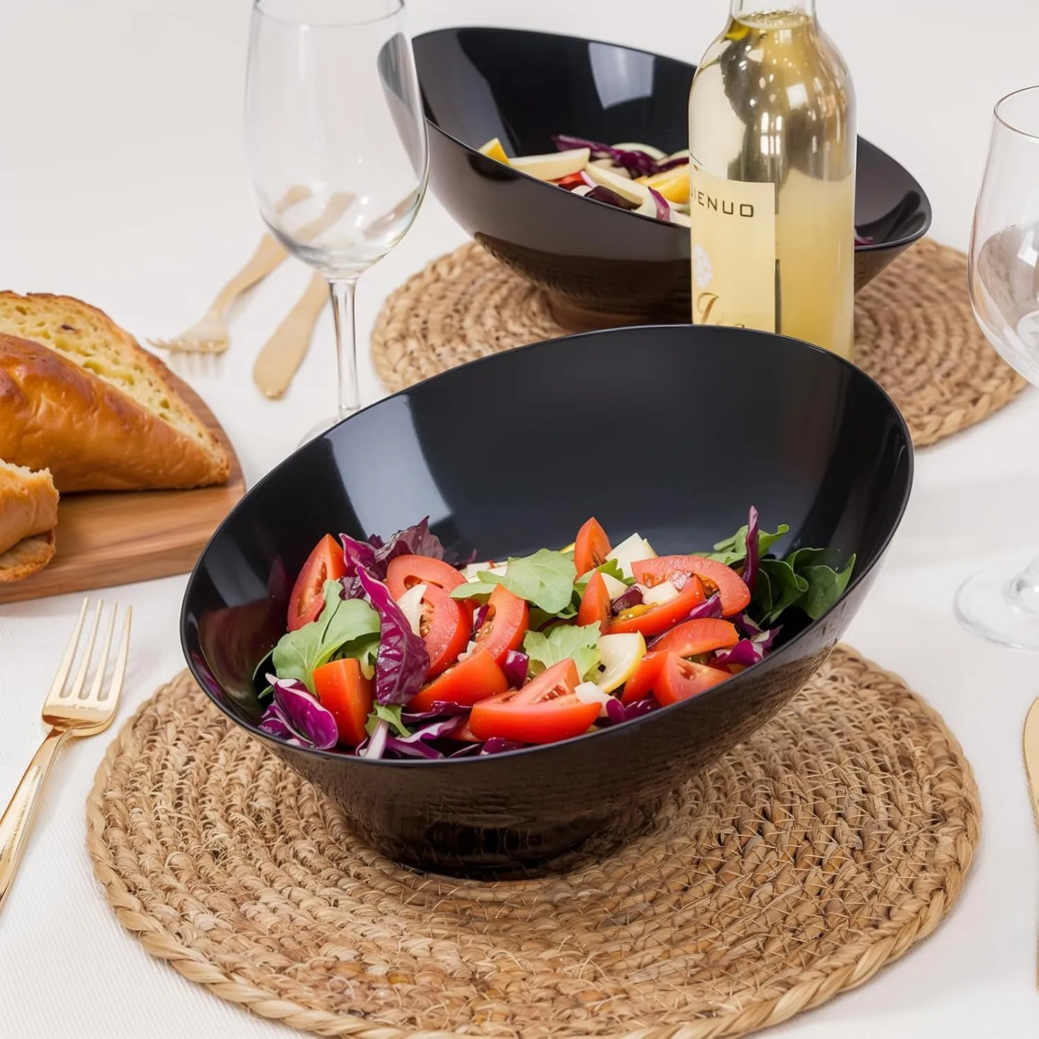 bUCLA 12 Pack Black Plastic Serving Bowls - 54 OZ Angled Bowls Disposable for Chip&Candy - Party Table Salad and Fruit for Party & Wedding