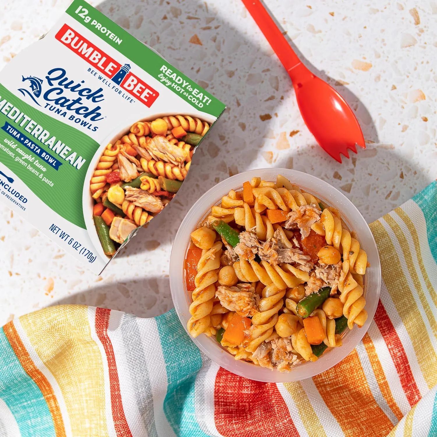 Bumble Bee Quick Catch Mediterranean Pasta, Wild Caught Tuna and Pasta Bowl, 6 oz (Pack of 6) - Ready to Enjoy, Spork Included - 14g Protein per Serving - No Artificial Flavors - Good Source of Fiber