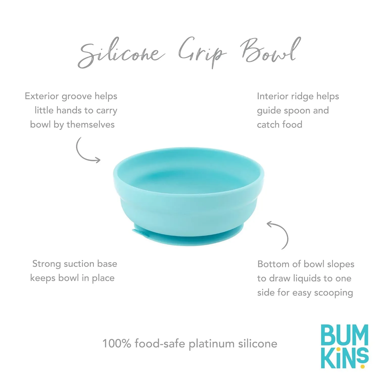 Bumkins Baby Bowl, Silicone Suction, for Babies, Toddlers and Kids, Baby Led Weaning, Feeding Essentials, Platinum Silicone, Non Skid Sticky Bottom, Supplies for Children Ages 6 Months Up, Blue