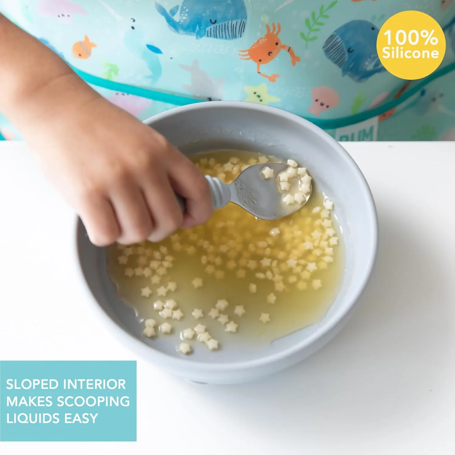 Bumkins Baby Bowl, Silicone Suction, for Babies, Toddlers and Kids, Baby Led Weaning, Feeding Essentials, Platinum Silicone, Non Skid Sticky Bottom, Supplies for Children Ages 6 Months Up, Gray