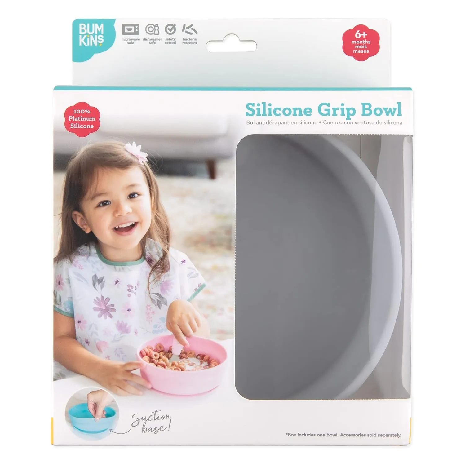 Bumkins Baby Bowl, Silicone Suction, for Babies, Toddlers and Kids, Baby Led Weaning, Feeding Essentials, Platinum Silicone, Non Skid Sticky Bottom, Supplies for Children Ages 6 Months Up, Gray