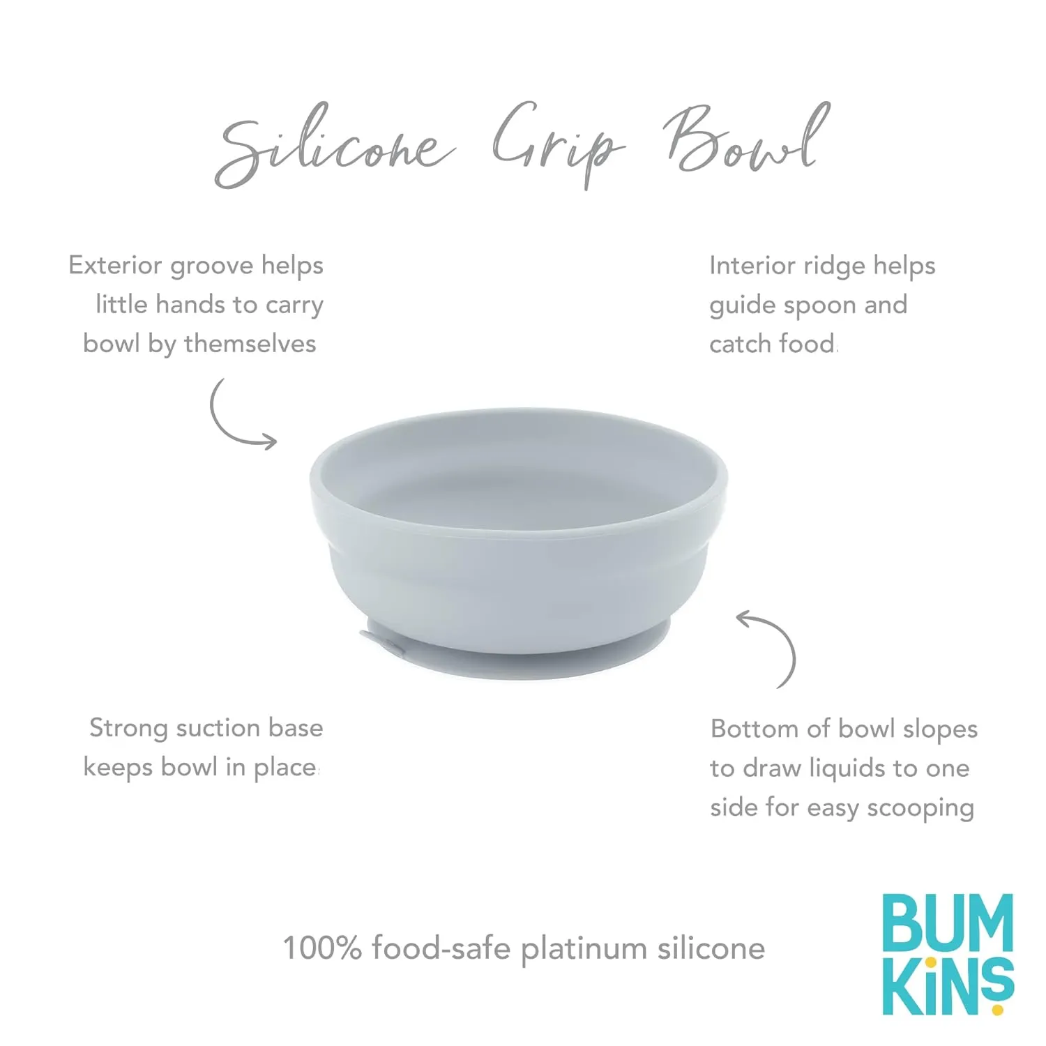 Bumkins Baby Bowl, Silicone Suction, for Babies, Toddlers and Kids, Baby Led Weaning, Feeding Essentials, Platinum Silicone, Non Skid Sticky Bottom, Supplies for Children Ages 6 Months Up, Gray