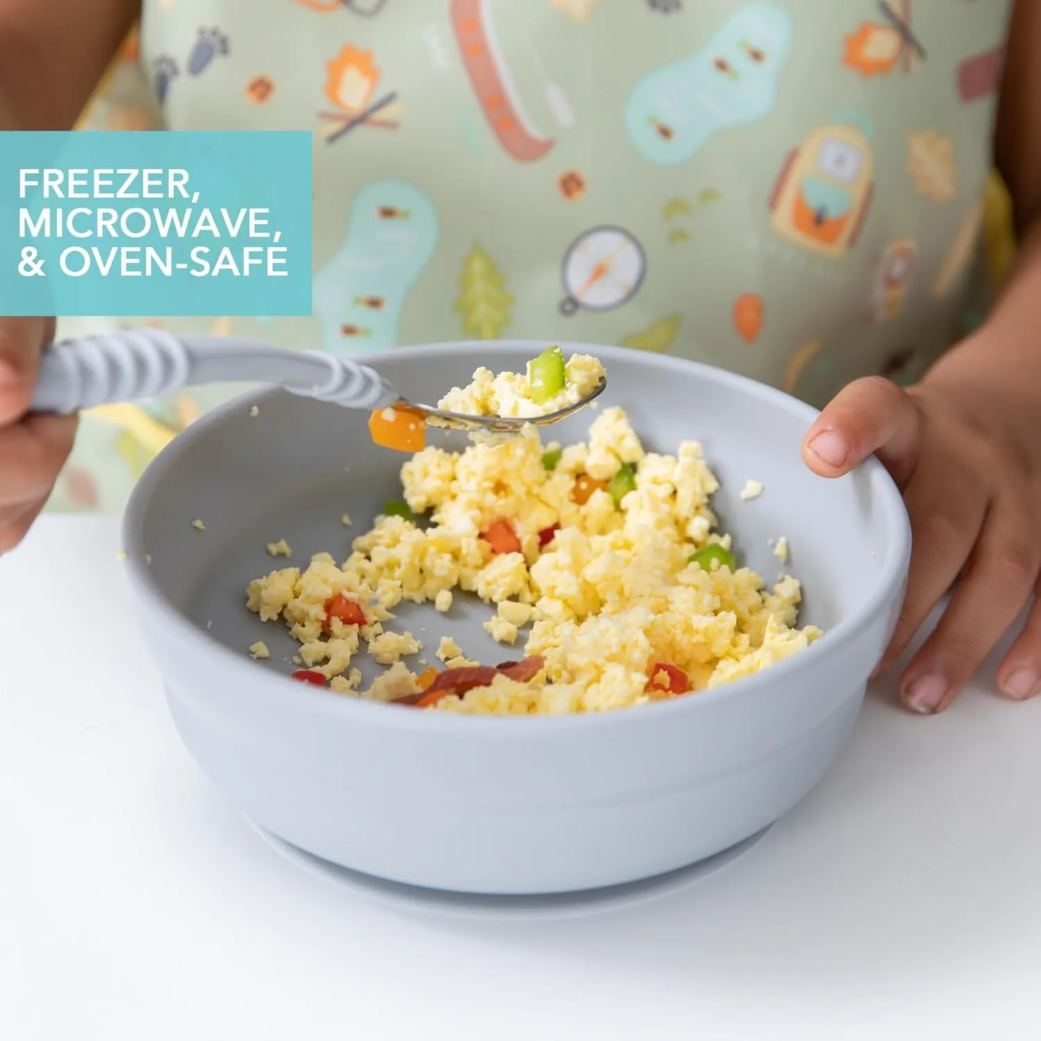 Bumkins Baby Bowl, Silicone Suction, for Babies, Toddlers and Kids, Baby Led Weaning, Feeding Essentials, Platinum Silicone, Non Skid Sticky Bottom, Supplies for Children Ages 6 Months Up, Gray