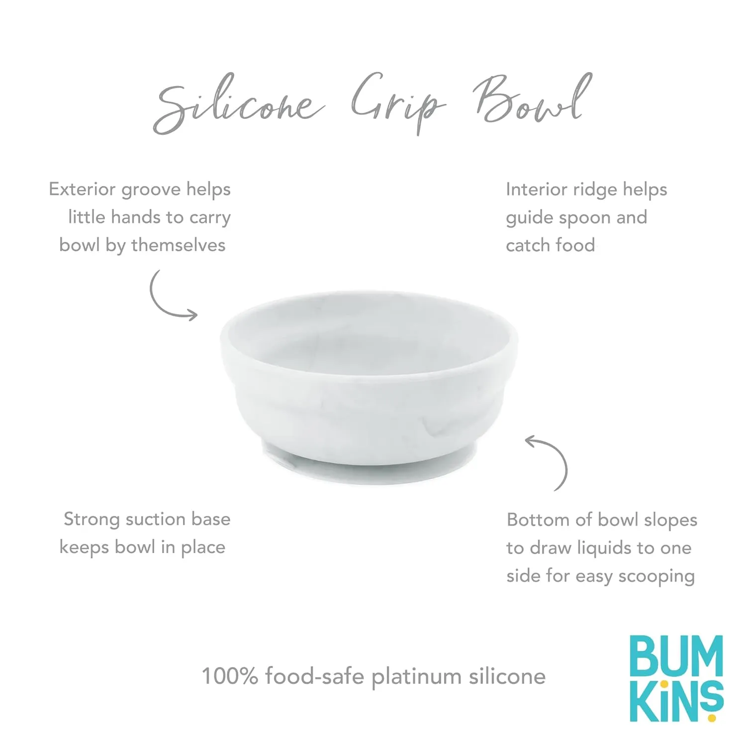 Bumkins Baby Bowl, Silicone Suction, for Babies, Toddlers and Kids, Baby Led Weaning, Feeding Essentials, Platinum Silicone, Non Skid Sticky Bottom, Supplies for Children Ages 6 Months Up, Marble