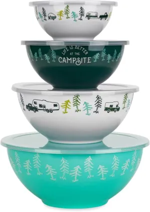 Camco Life is Better at The Campsite Nesting Bowl Set with Lids | Great for On-The-Go Lifestyles | Features (4) Durable Melamine Bowls with (4) Plastic Lids (53451)
