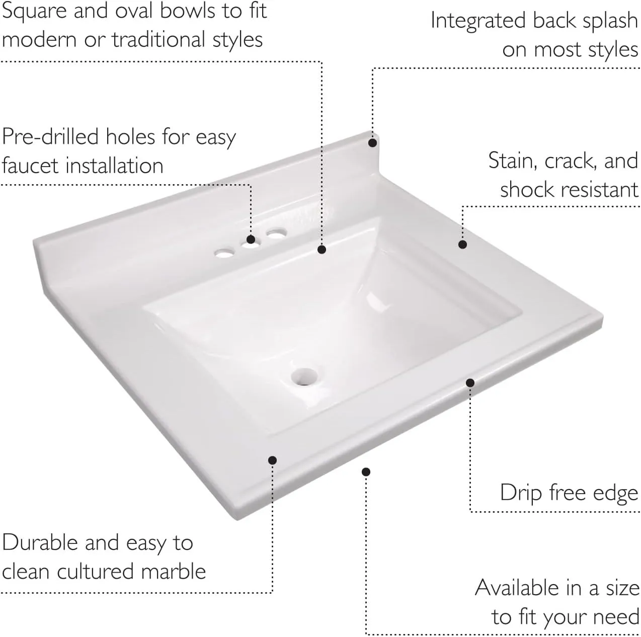 Camilla 25 in. Cultured Marble Centerset Mount Rectangle Singe Bowl Vanity Top with Integrated Backsplash, Solid White – Design House, 557629-WHT