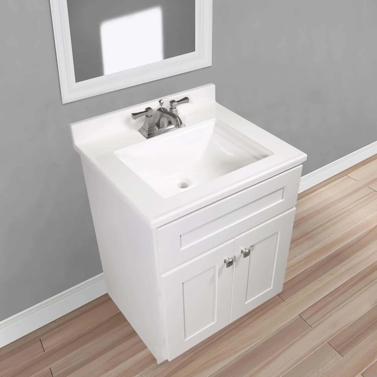 Camilla 25 in. Cultured Marble Centerset Mount Rectangle Singe Bowl Vanity Top with Integrated Backsplash, Solid White – Design House, 557629-WHT