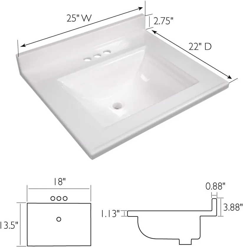 Camilla 25 in. Cultured Marble Centerset Mount Rectangle Singe Bowl Vanity Top with Integrated Backsplash, Solid White – Design House, 557629-WHT