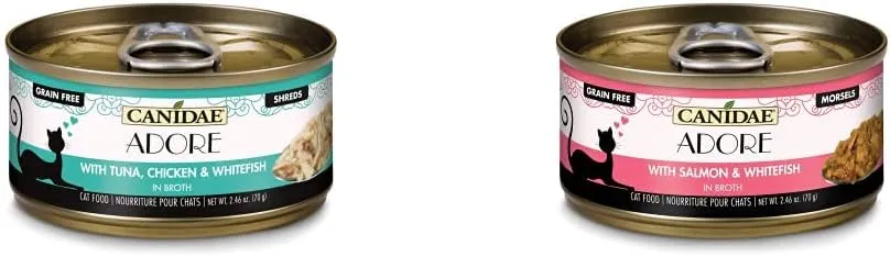 CANIDAE Adore Premium Wet Cat Food Bundle, 2.46 Ounce (Pack of 48), Shreds with Tuna, Chicken and Whitefish in Broth, Morsels with Salmon and Whitefish in Broth, Grain Free