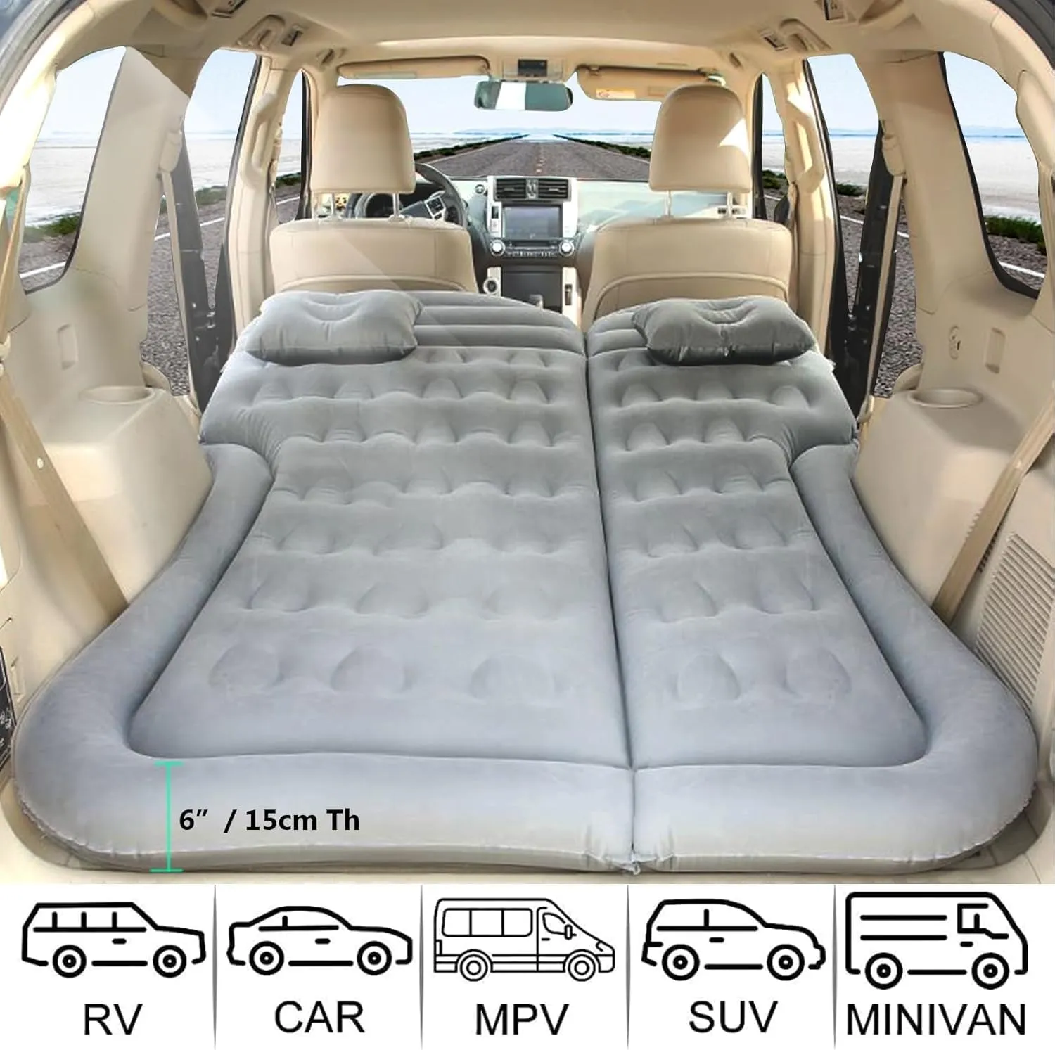 Car Air Mattress for Toyota FJ Cruiser 2007-2023, Trunk Rear Seat Inflatable Thickened Flocking Travel Camping Bed, Air Pump 2 Pillows,Grey