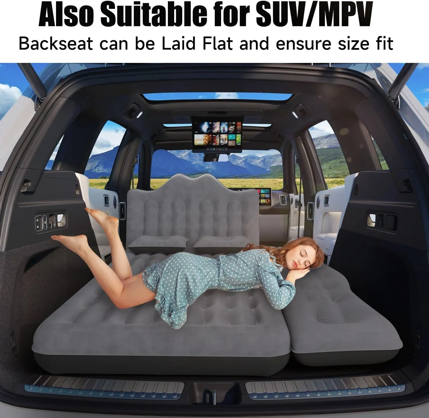 Car Air Mattress, Inflatable SUV Truck Air Mattress Back Seat Camping Bed Thickened Car Sleeping Pad for Travel, Car Bed SUV Mattress with Air Pump 2 Pillows