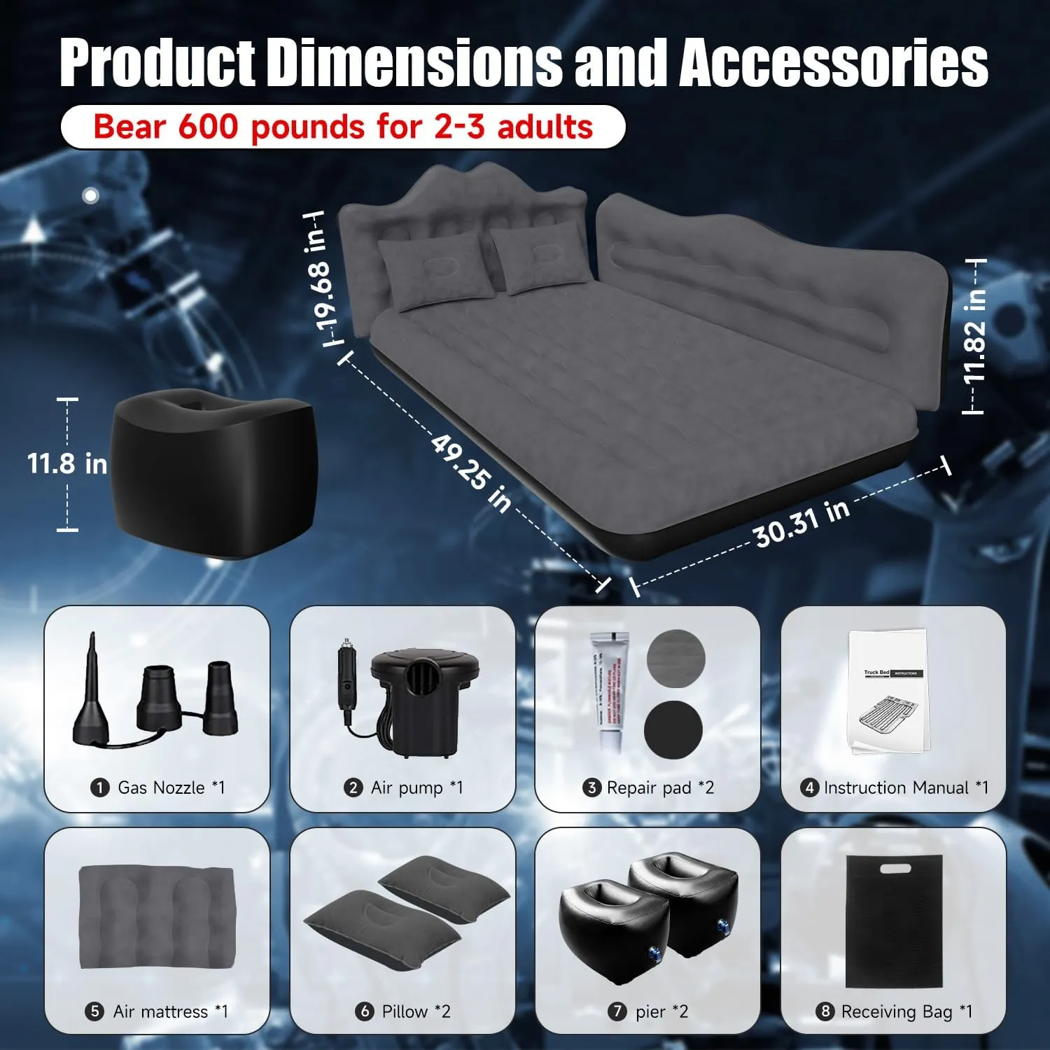 Car Air Mattress, Inflatable SUV Truck Air Mattress Back Seat Camping Bed Thickened Car Sleeping Pad for Travel, Car Bed SUV Mattress with Air Pump 2 Pillows