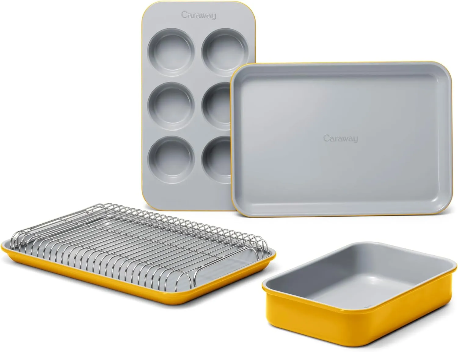 Caraway Mini Bakeware Set – Naturally Non-Stick, Non-Toxic Ceramic Coating – Compact Baking Pans Set for Small Kitchens & Ovens – Includes Baking Sheets, Muffin Pan, Cooling Rack & Storage - Marigold