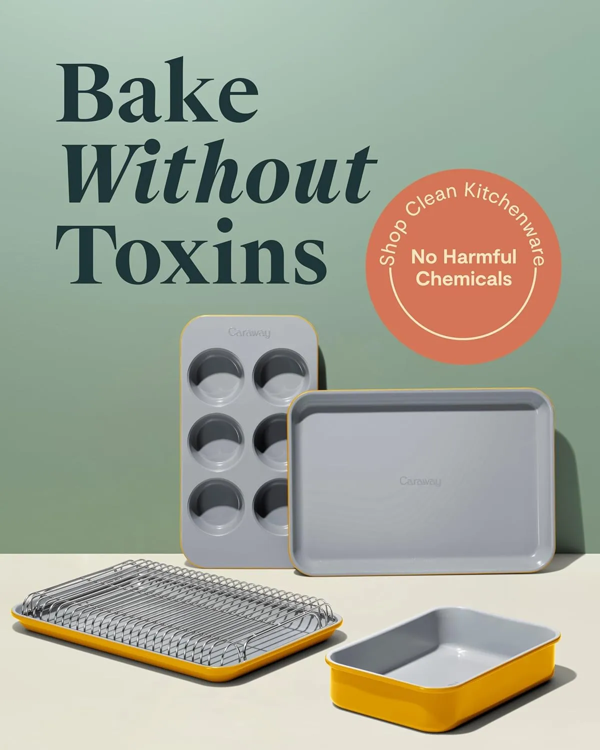 Caraway Mini Bakeware Set – Naturally Non-Stick, Non-Toxic Ceramic Coating – Compact Baking Pans Set for Small Kitchens & Ovens – Includes Baking Sheets, Muffin Pan, Cooling Rack & Storage - Marigold