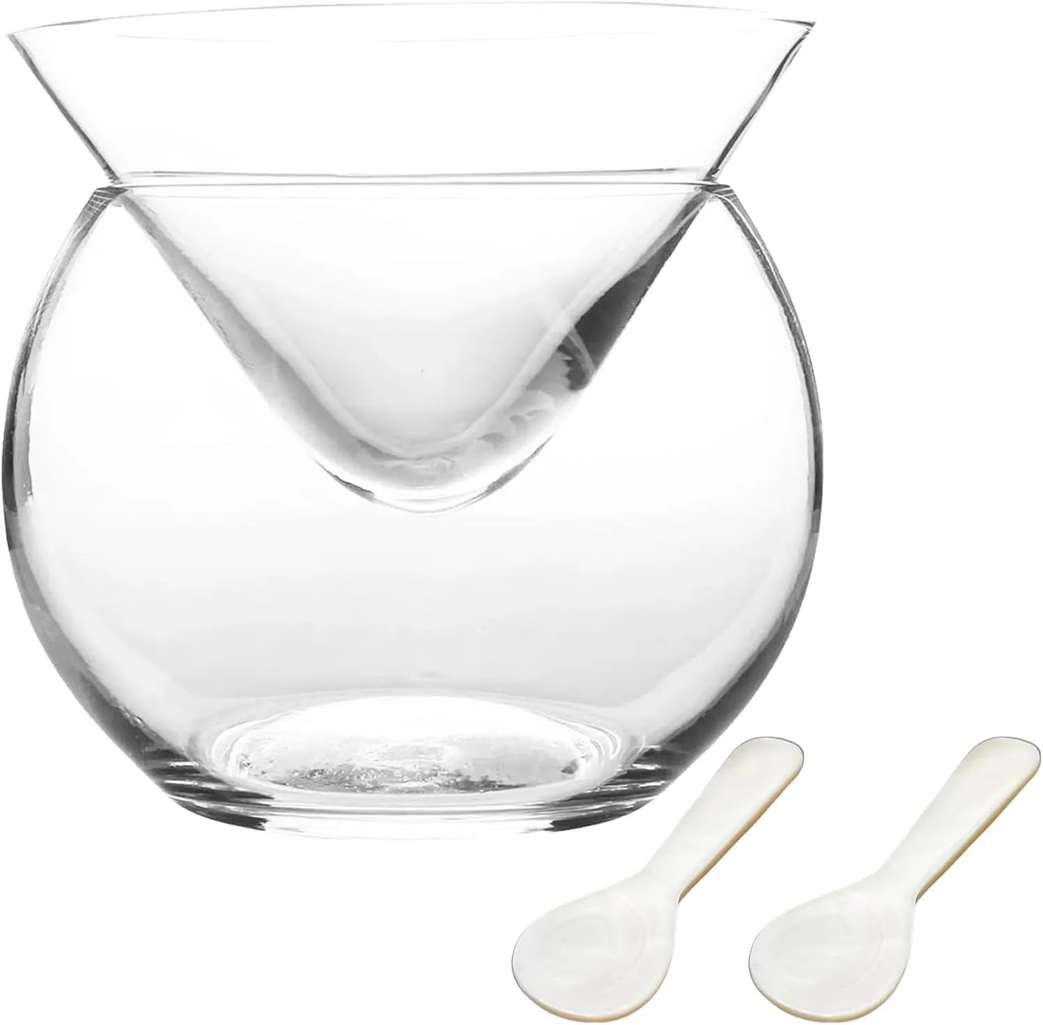 Caviar Chiller Glass Caviar Server Set with 2 Pcs Mother of Pearl Spoons Caviar Dish with Ice Holder for Martinis and Cocktails