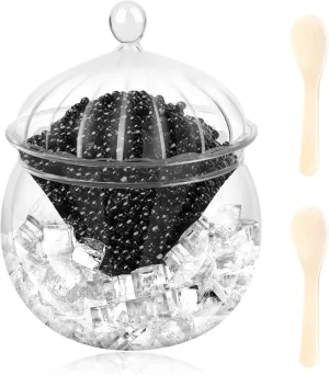 Caviar Serving Set with Glass Lid, 2 Mother of Pearl Spoons,Glass Caviar Dish with Ice Holder Chiller Serving for Shrimp Ice Cream Martinis and Cocktails Dishwasher Safety