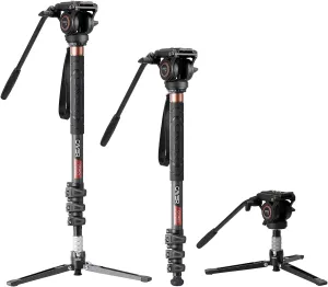 Cayer CF34 Carbon Fiber Camer Monopod Kit, 72 inch Professional Telescopic Video Monopods with Video Fluid Head and Folding Support Base for DSLR Video Cameras Camcorders, Plus 1 Extra Sliding Plate