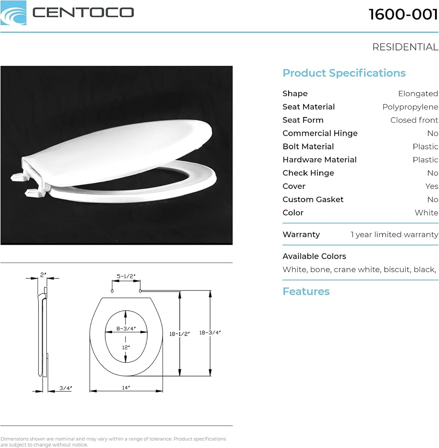 Centoco 1600-106 Elongated Plastic Toilet Seat, Standard Economy Model, Bone