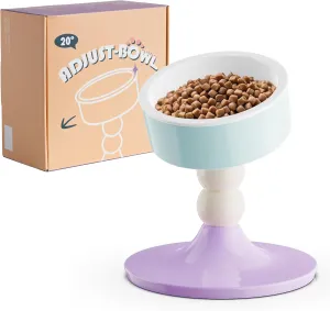 Ceramic Elevated Raised Cat Bowls,3 Heights Adjustable Raised Dog Bowl Stand for Indoor Cats and Small Dogs,15° Tilted Cat Food Feeding Dishes，Adjusts to 4.69", 5.98", 7.28" (Pink & White)