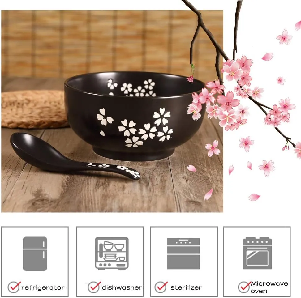 Ceramic Sakura Ramen Bowl (1000ml) with Lid, Spoon, Chopsticks, Bamboo Tray - Japanese Traditional Style - Black