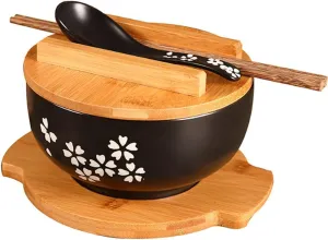 Ceramic Sakura Ramen Bowl (1000ml) with Lid, Spoon, Chopsticks, Bamboo Tray - Japanese Traditional Style - Black